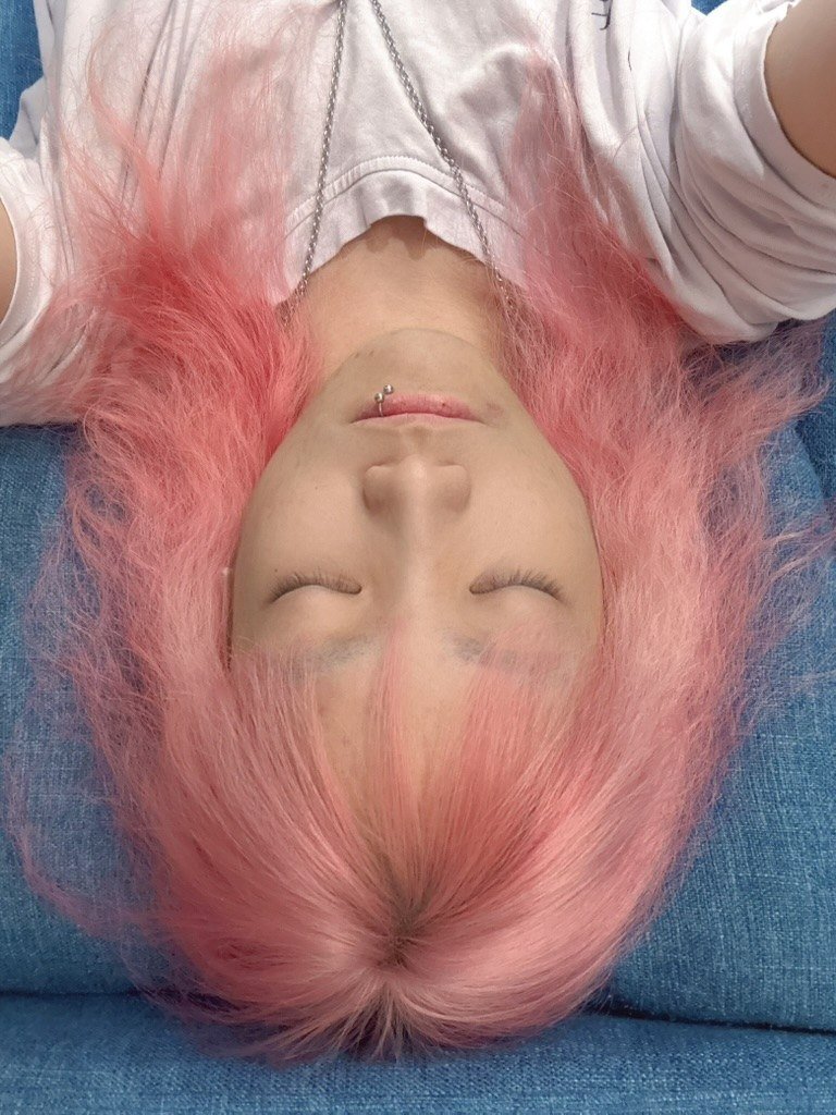 Close-up of a single pink stripe woven through straight dark hair