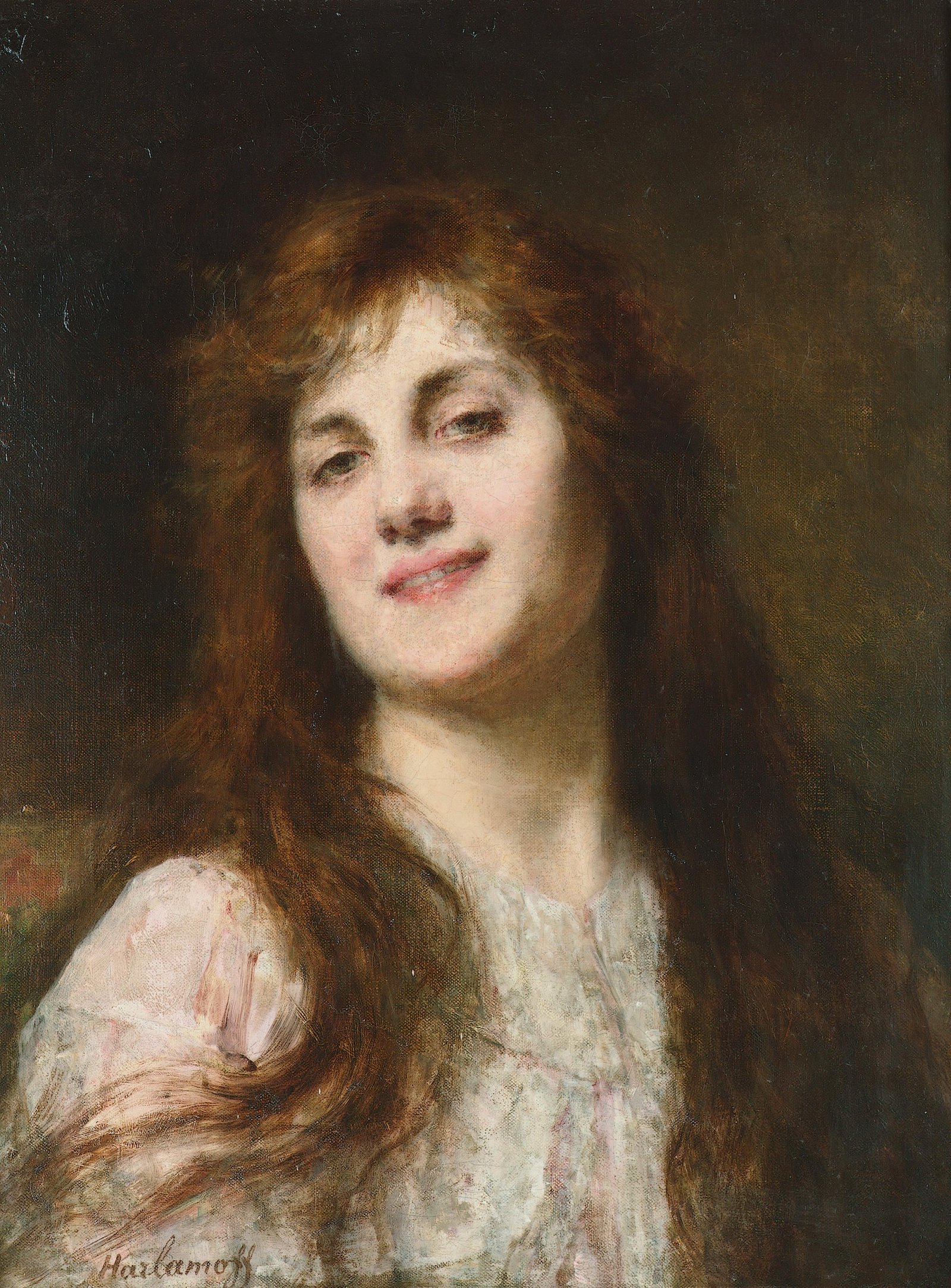 Woman with oxidised copper hair in deep tarnished penny tones