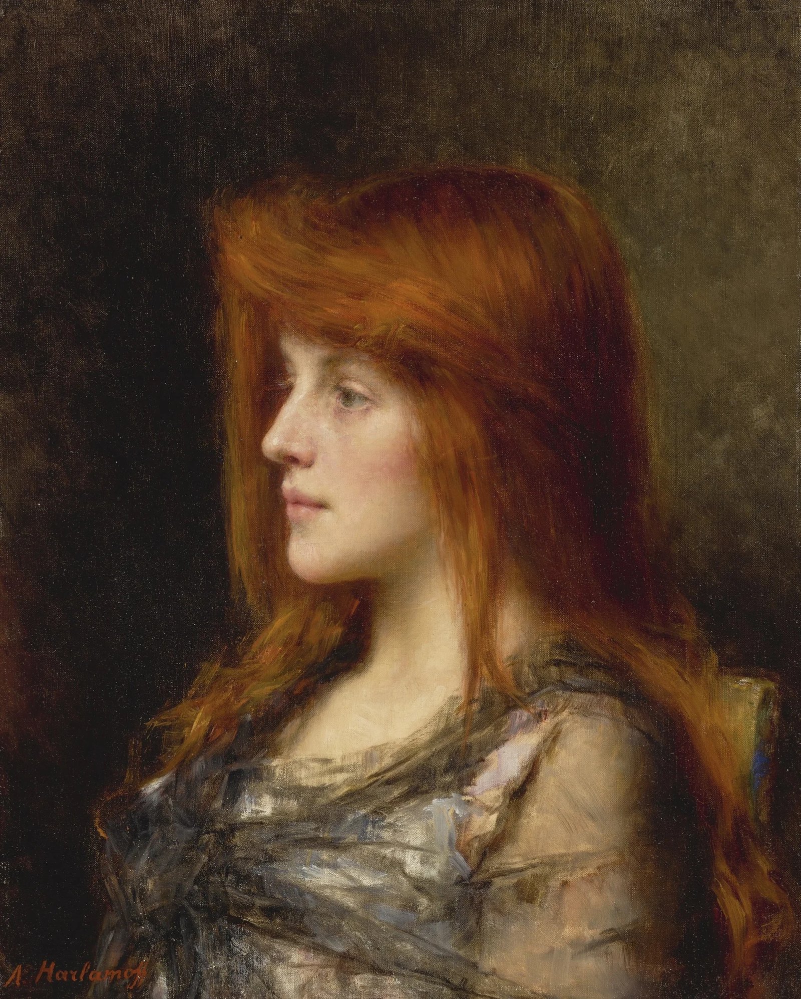 Close-up of oxidised copper hair showing tarnished penny tones and depth