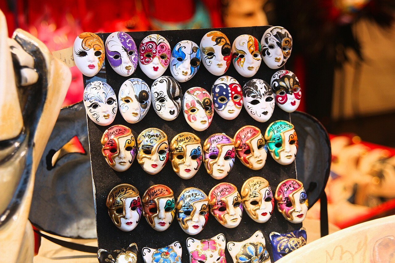 23 Souvenir from Venice, Italy - small Venetian carnival mask magnet in gift shop