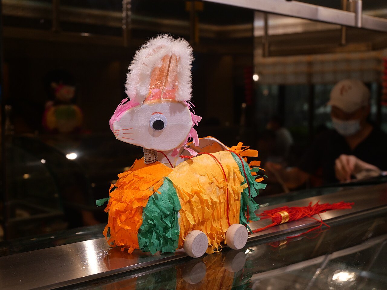 Colorful bunny-shaped lantern glowing at night