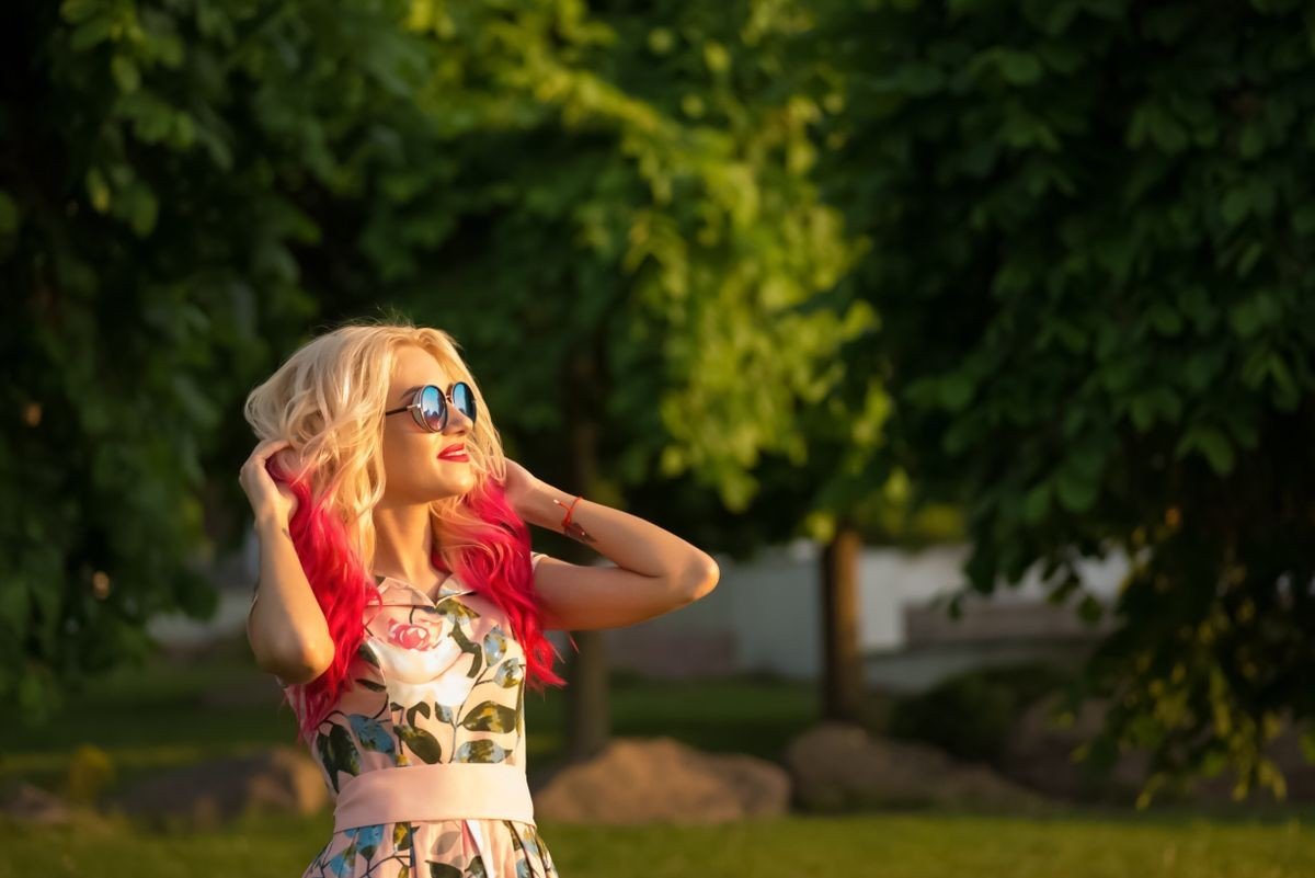 Pink and purple streaks combined in hair