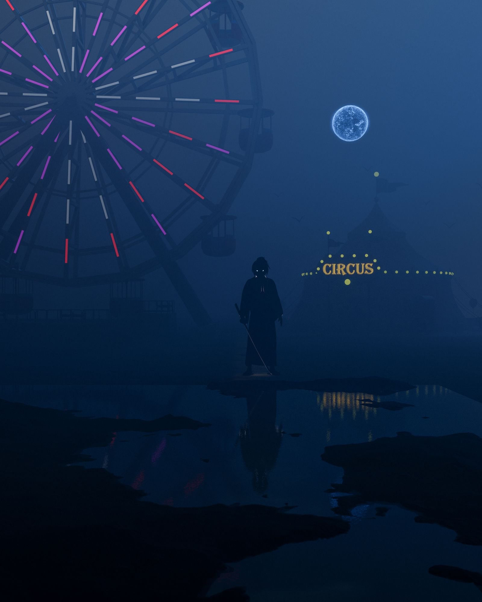 Nighttime circus scene with glowing Ferris wheel at a carnival party