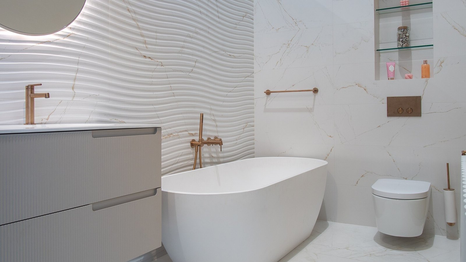 Lighting showcasing statement tile bathroom ideas texture and color