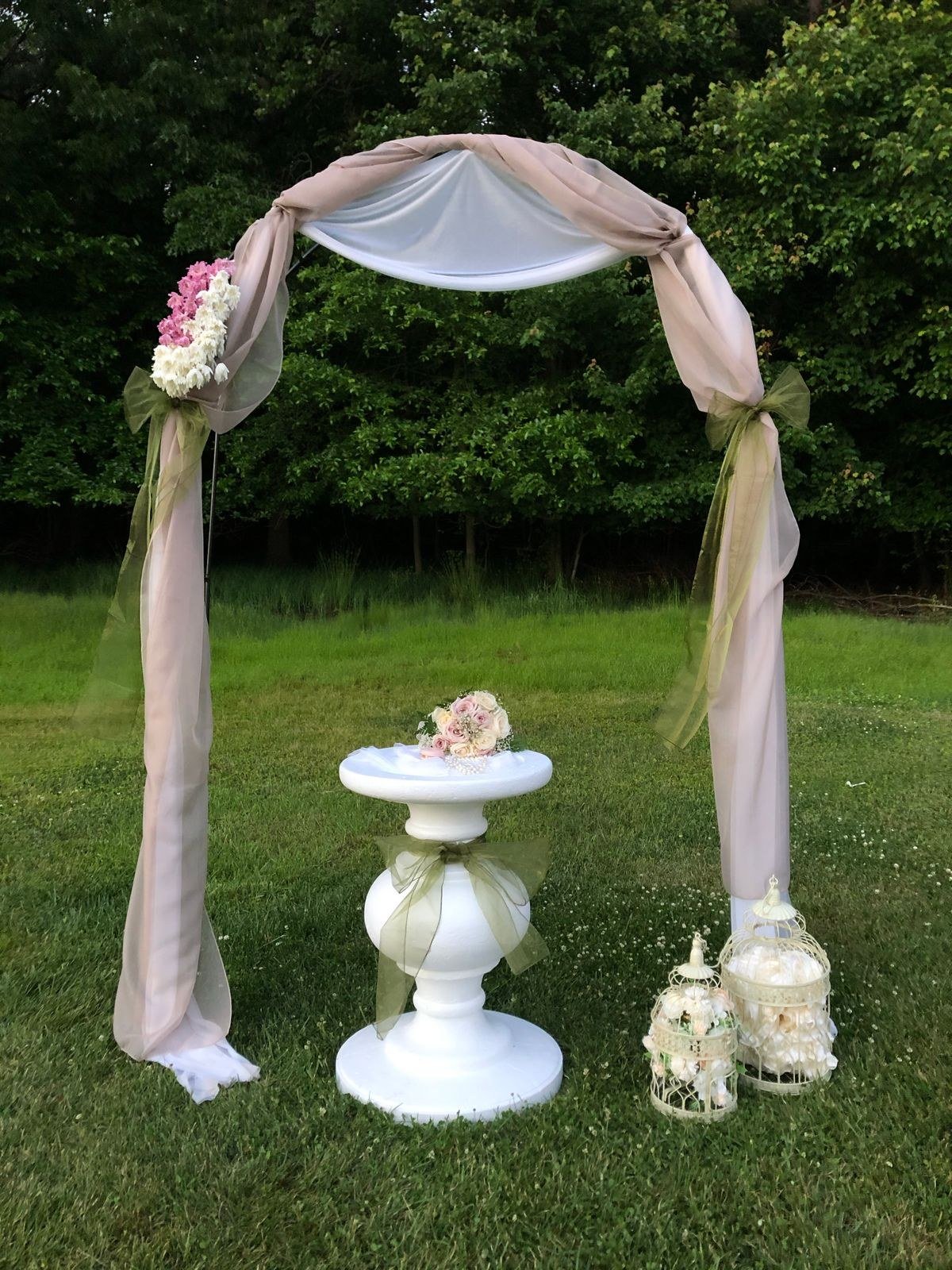 Art deco stained glass wedding arch with gold geometric patterns