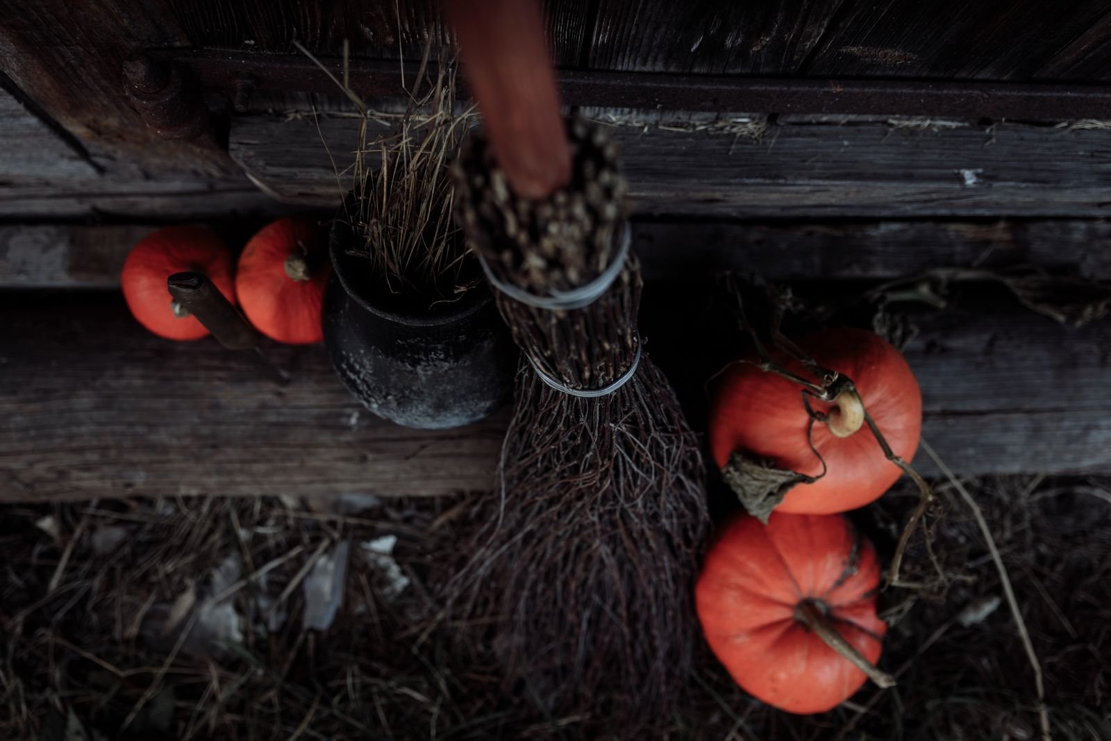 Witch's broom and pumpkins arranged against a rustic wooden backdrop