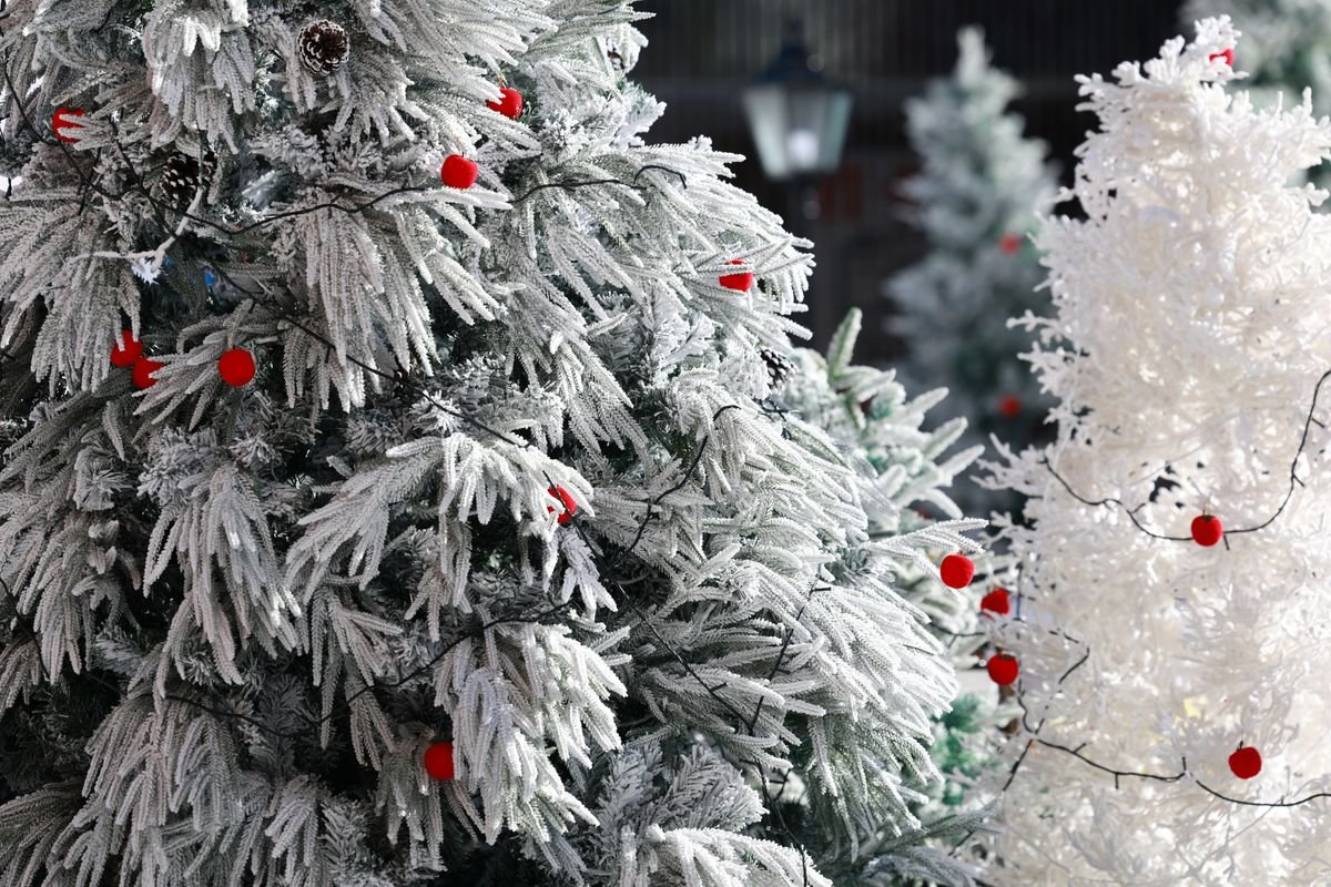 Flocked Christmas tree glowing at night in a dark living room with cosy lighting