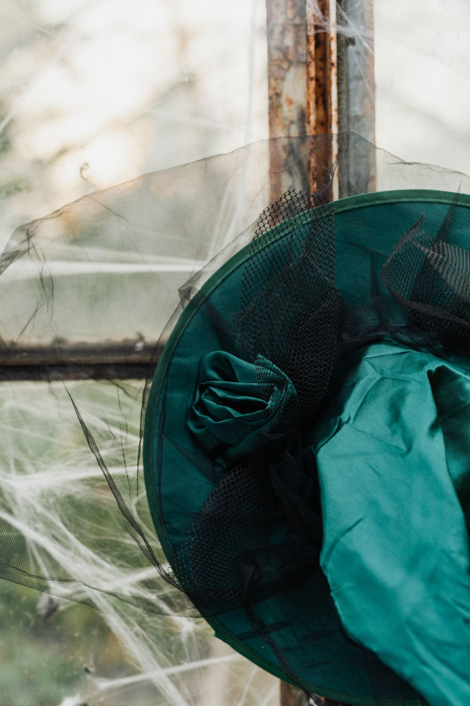 Green witch hat with spider webs displayed against a rustic window