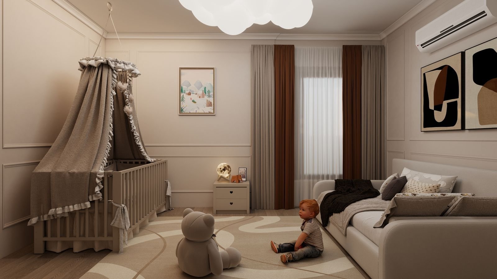 Baby room with carousel-inspired furniture and soft circus colours