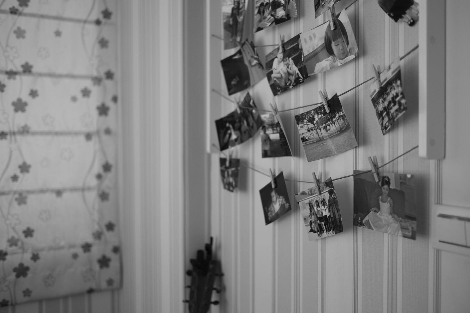 Gallery wall of family photos above a sofa