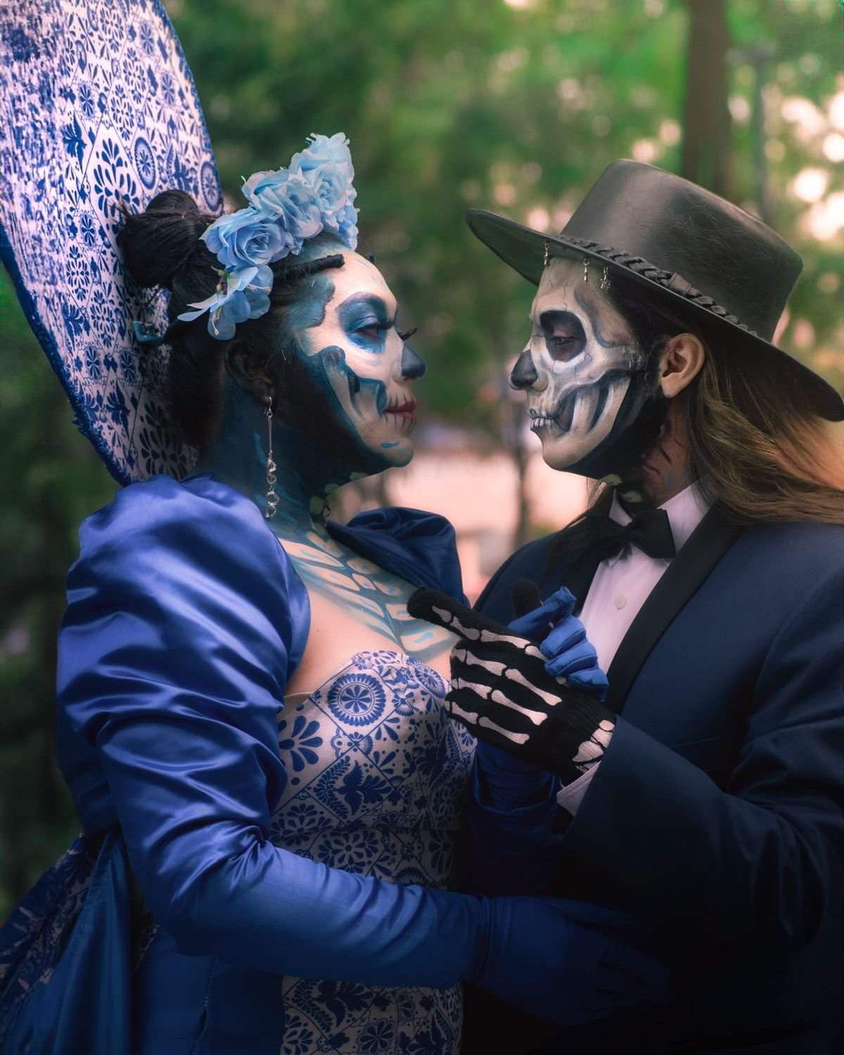 Classic heroic couples costume with visor and elegant dress