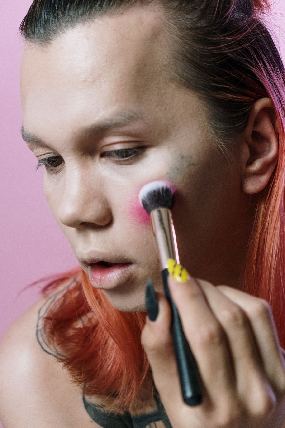 Mauve blush paired with matching mauve lip colour