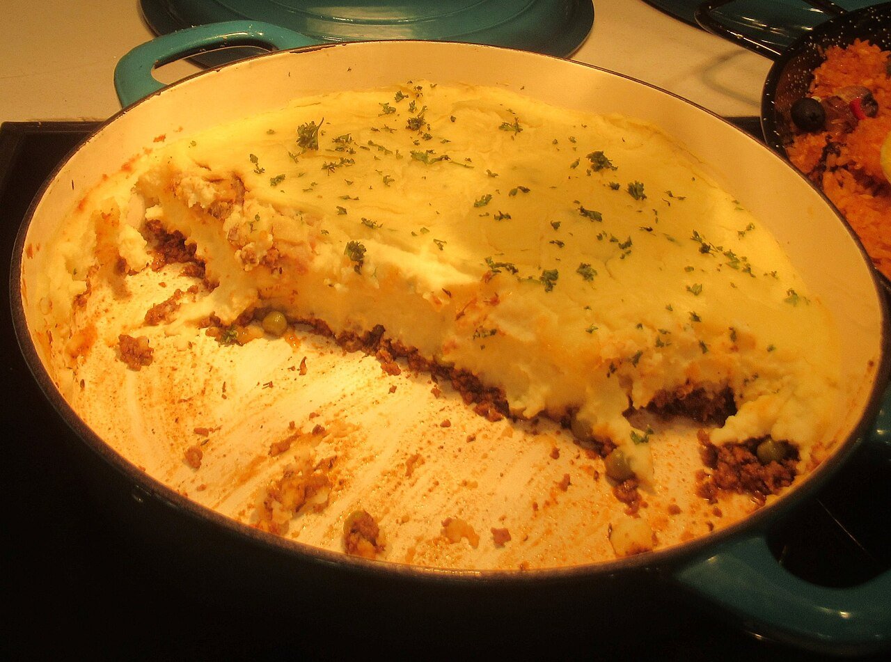 Slow cooker shepherd's pie soup simmering with meat and vegetables