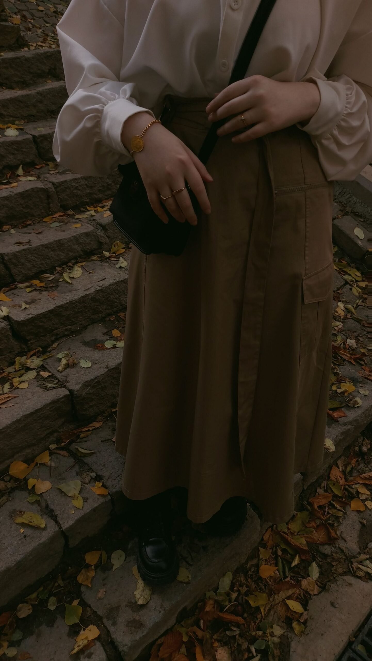 Woman in brown skirt and white blouse standing on autumn leaf covered stairs