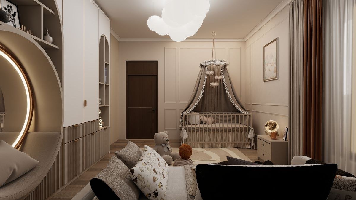 Gender-neutral circus nursery with warm neutrals and natural wood
