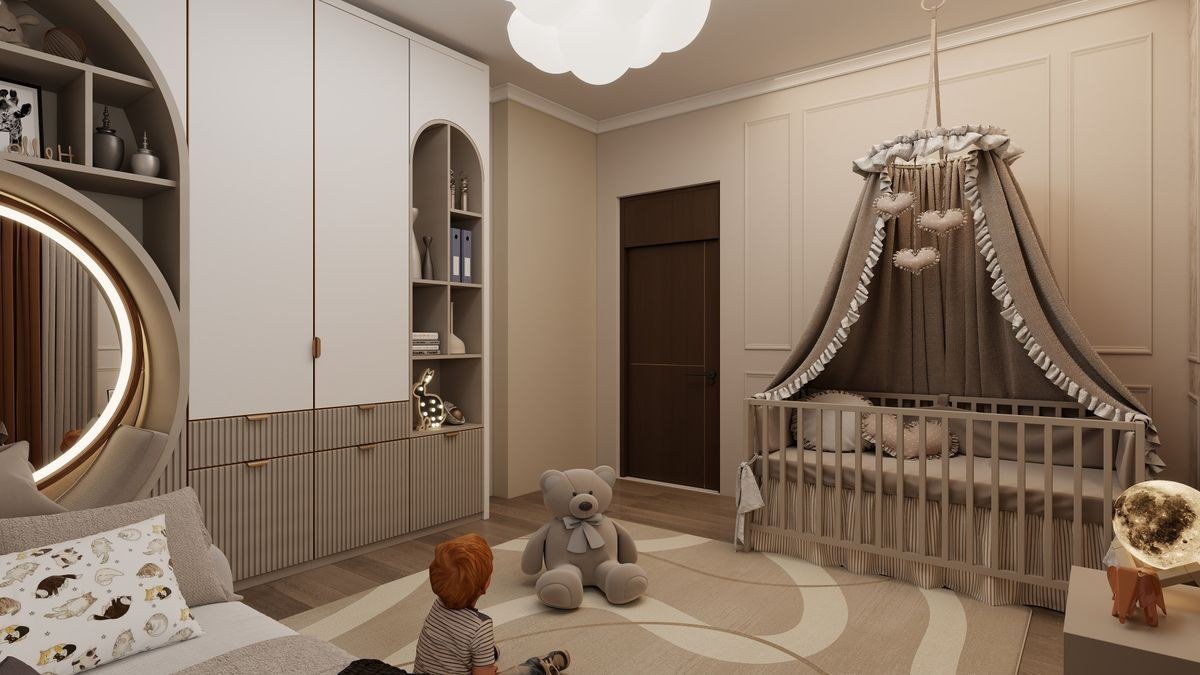 Small cozy circus nursery nook with compact crib and wall decor