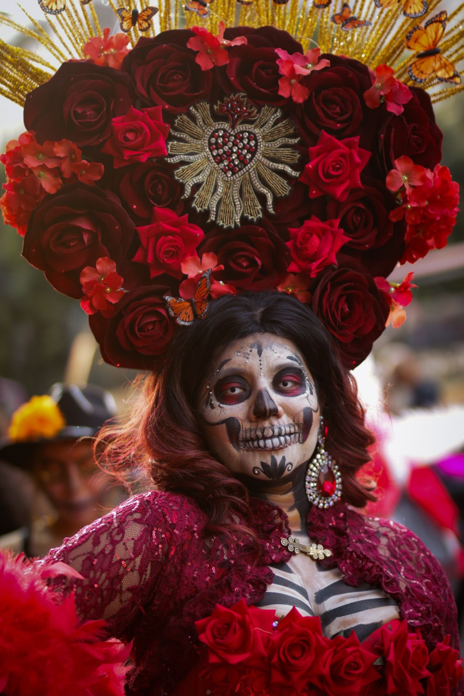 Colourful decorated sugar skull masks with floral patterns for Day of the Dead