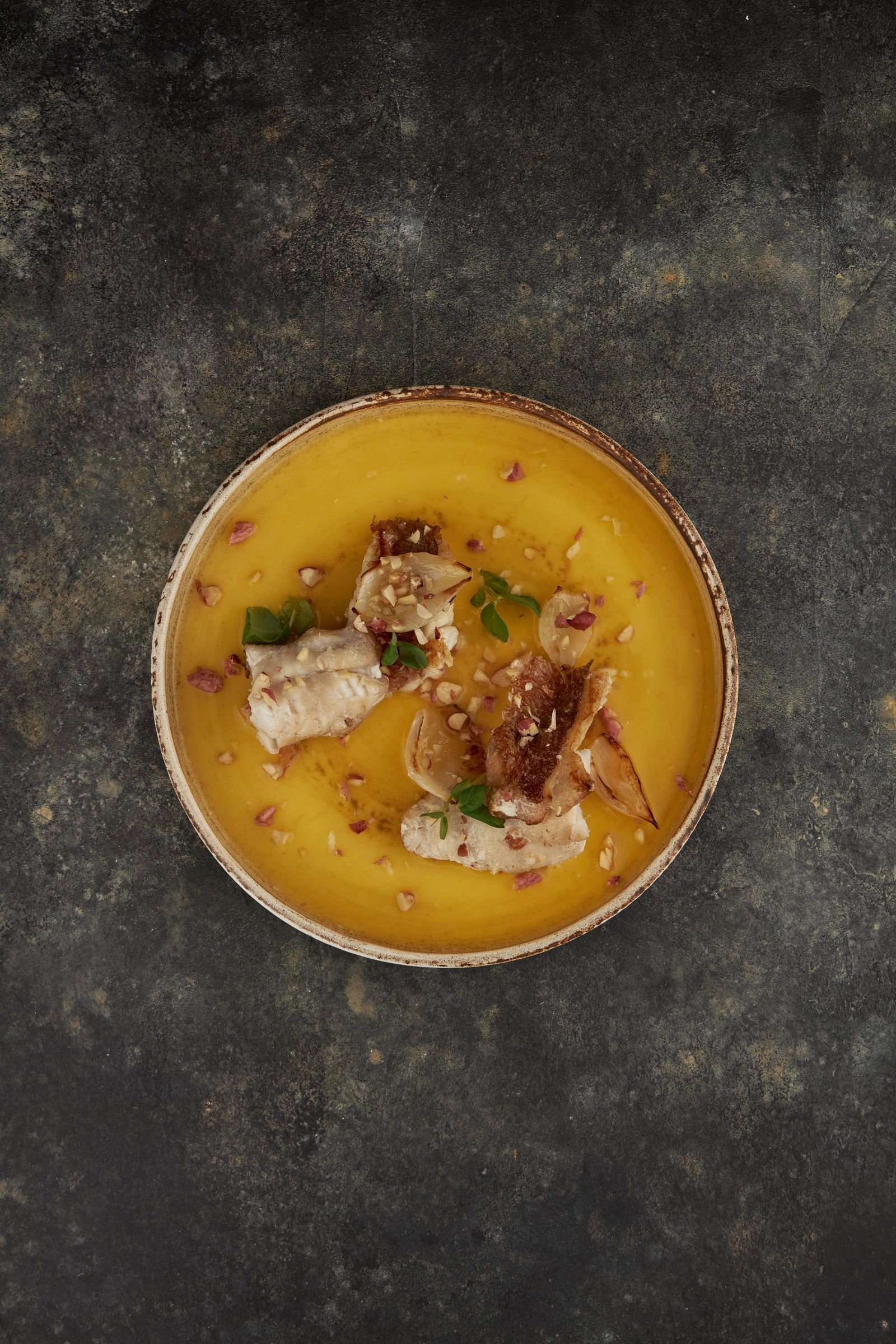 Gourmet chicken dish beautifully presented and served from above