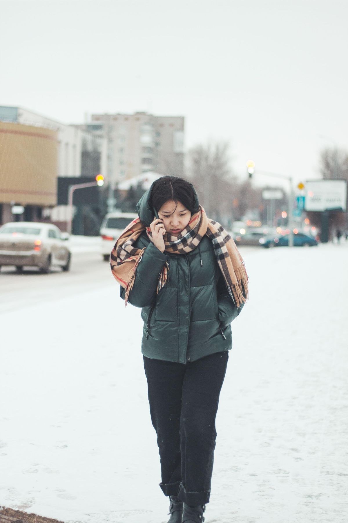 Scarf coat paired with wide leg trousers