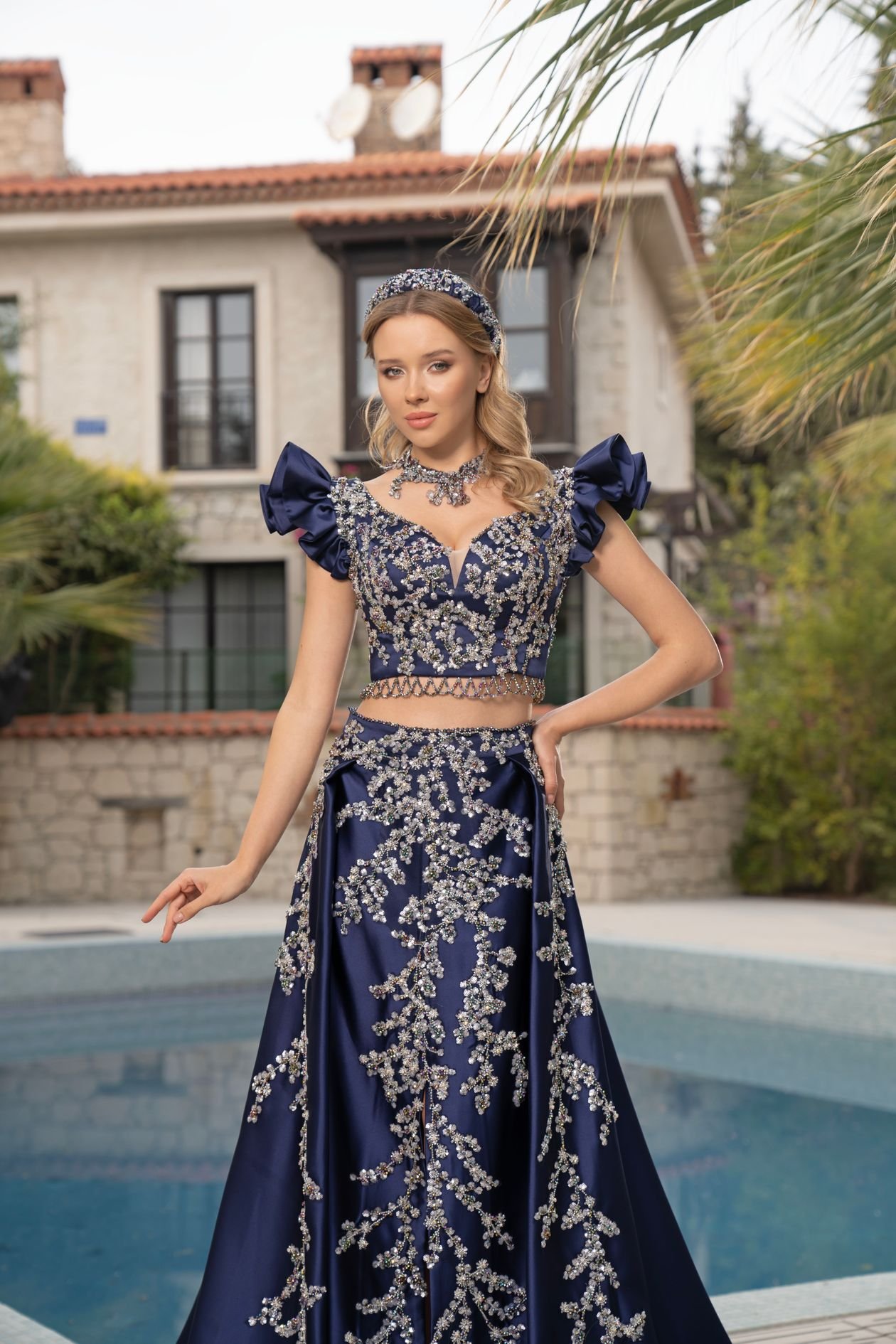 Glacier Blue Satin Gown With Cowl Back example for Glacier blue wedding dress ideas