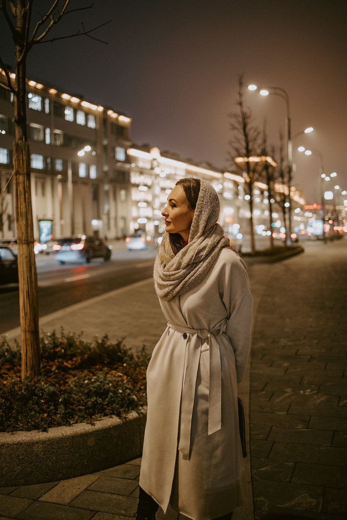 Scarf coat worn with a skirt and tights