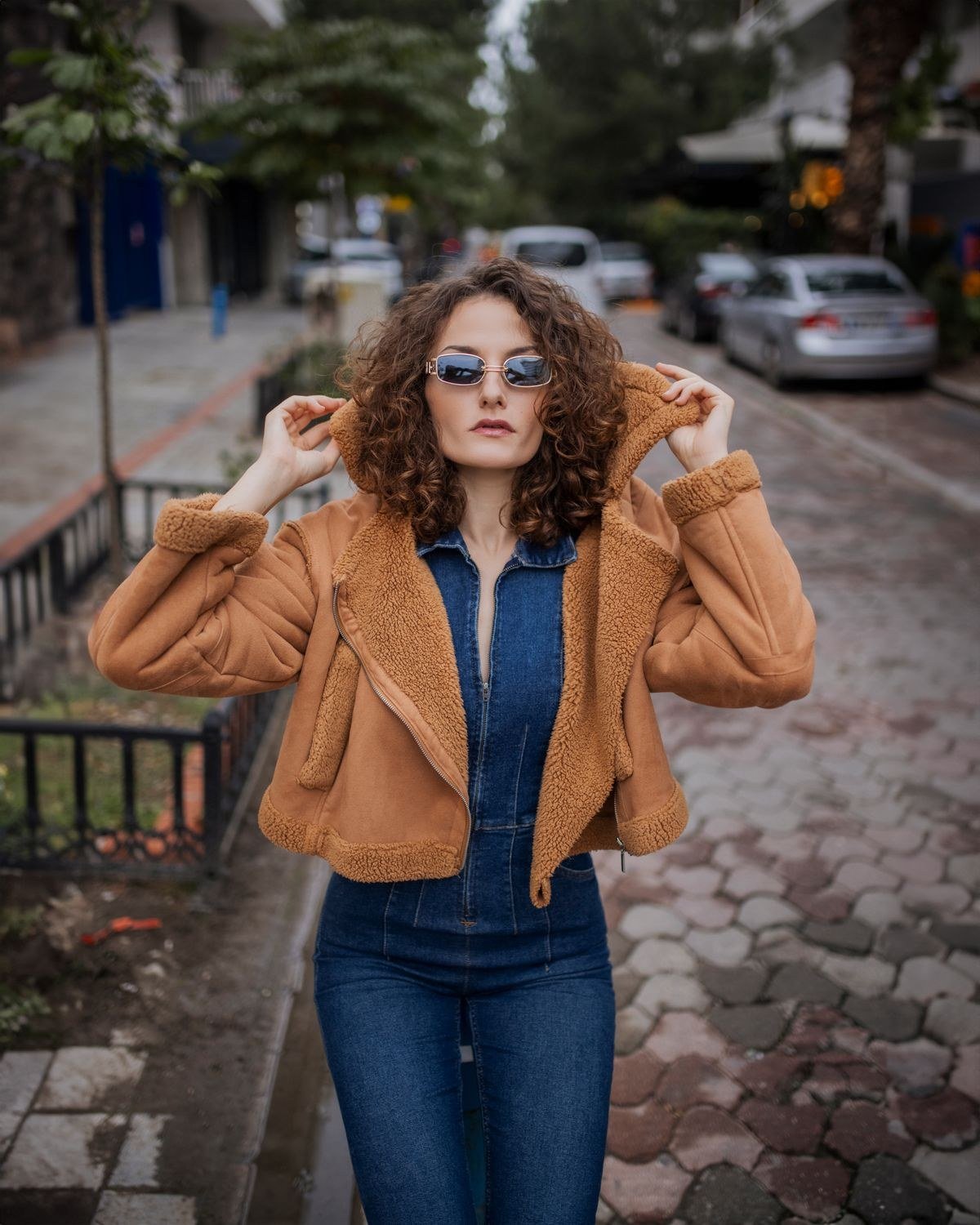 Aviator shearling jacket with leather trousers