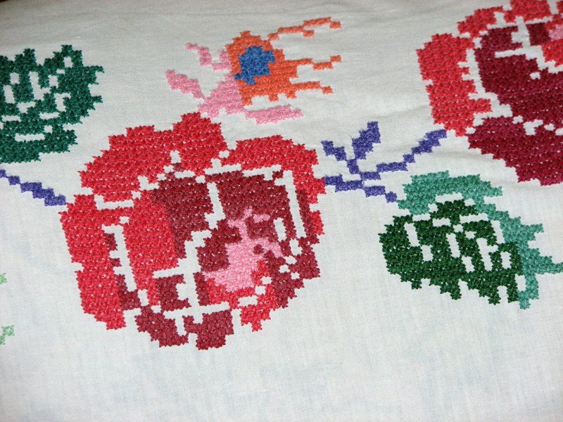 Fall wreath cross stitch with leaves and berries around the word Gather