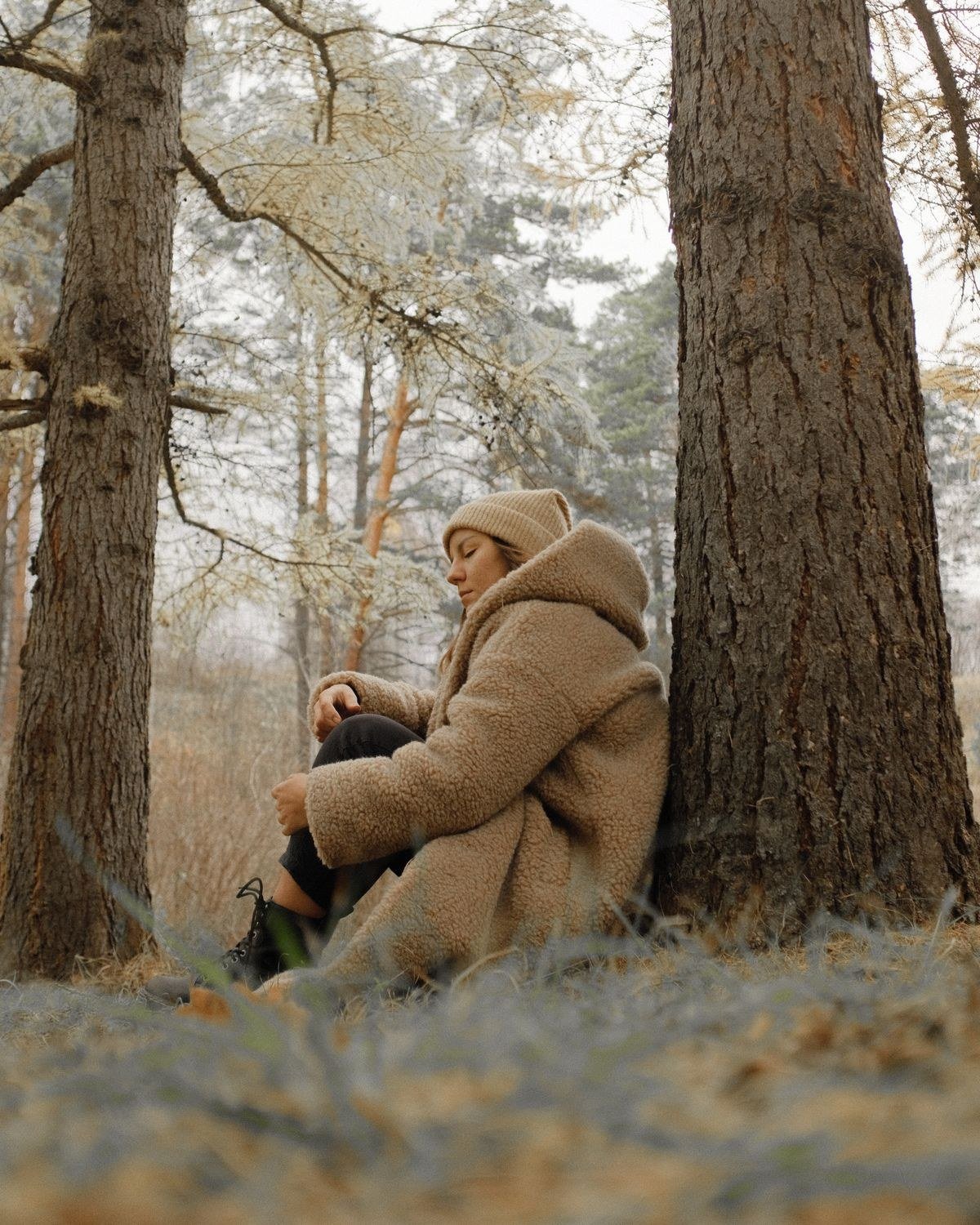 Shearling coat worn with a midi skirt