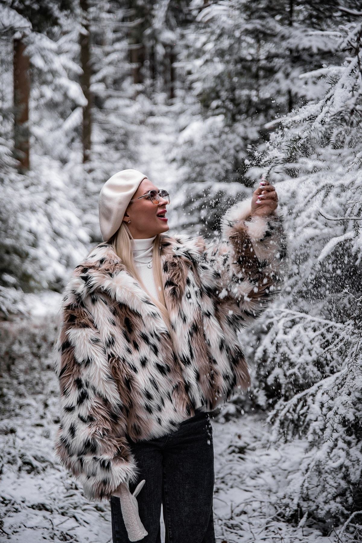 Faux fur coat with leggings and chunky boots