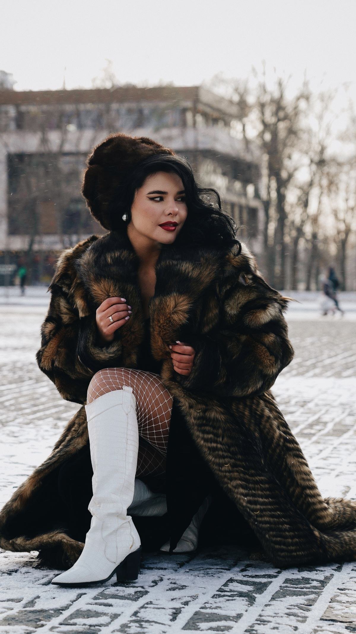 Shearling coat paired with wide leg jeans
