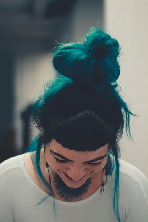 Pixie cut with teal and pink colour placement