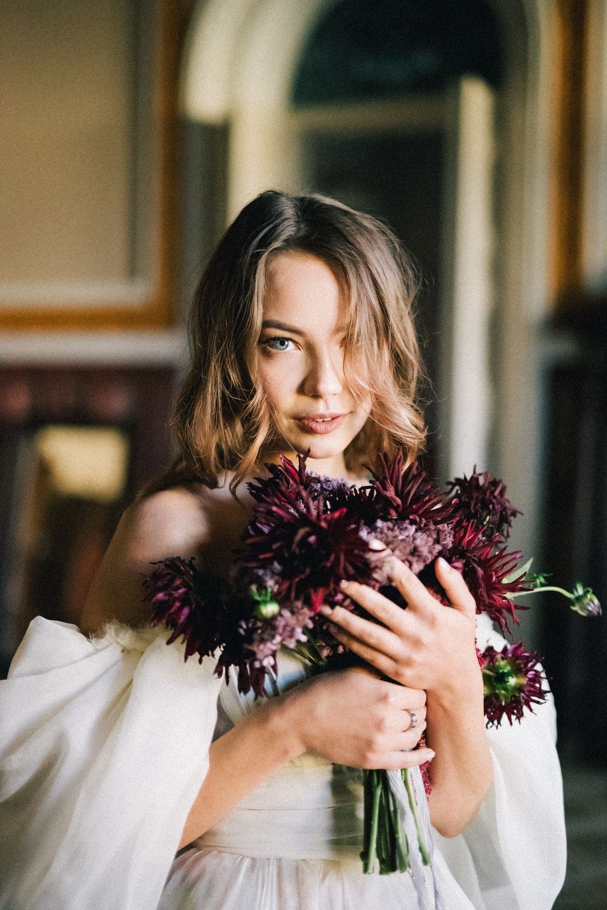 Cascading burgundy amaranthus bridal bouquet