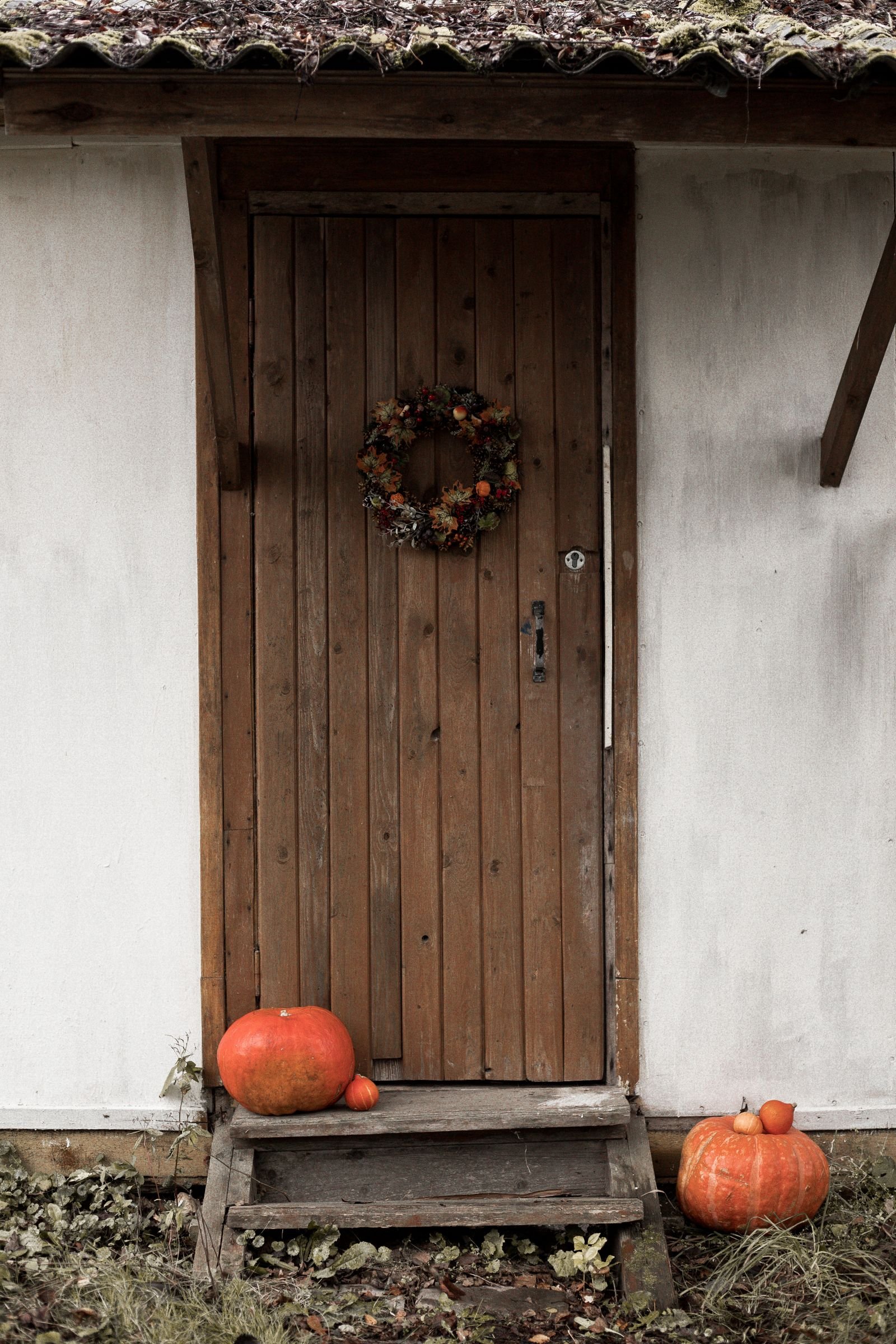 Rustic wooden door decorated with an autumn wreath and pumpkins for Halloween