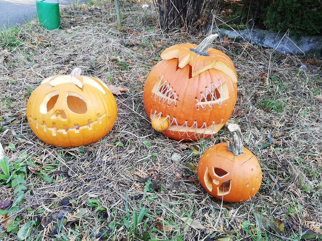 Painted Halloween pumpkin displayed outdoors in Prague