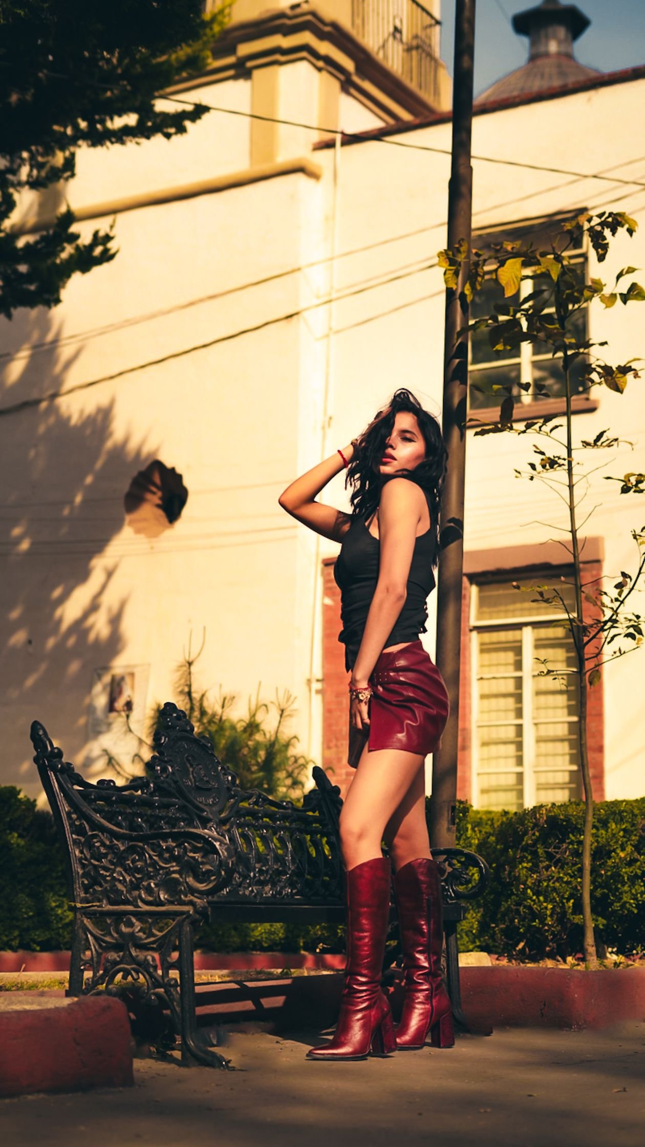 burgundy knee high boots with cream sweater dress