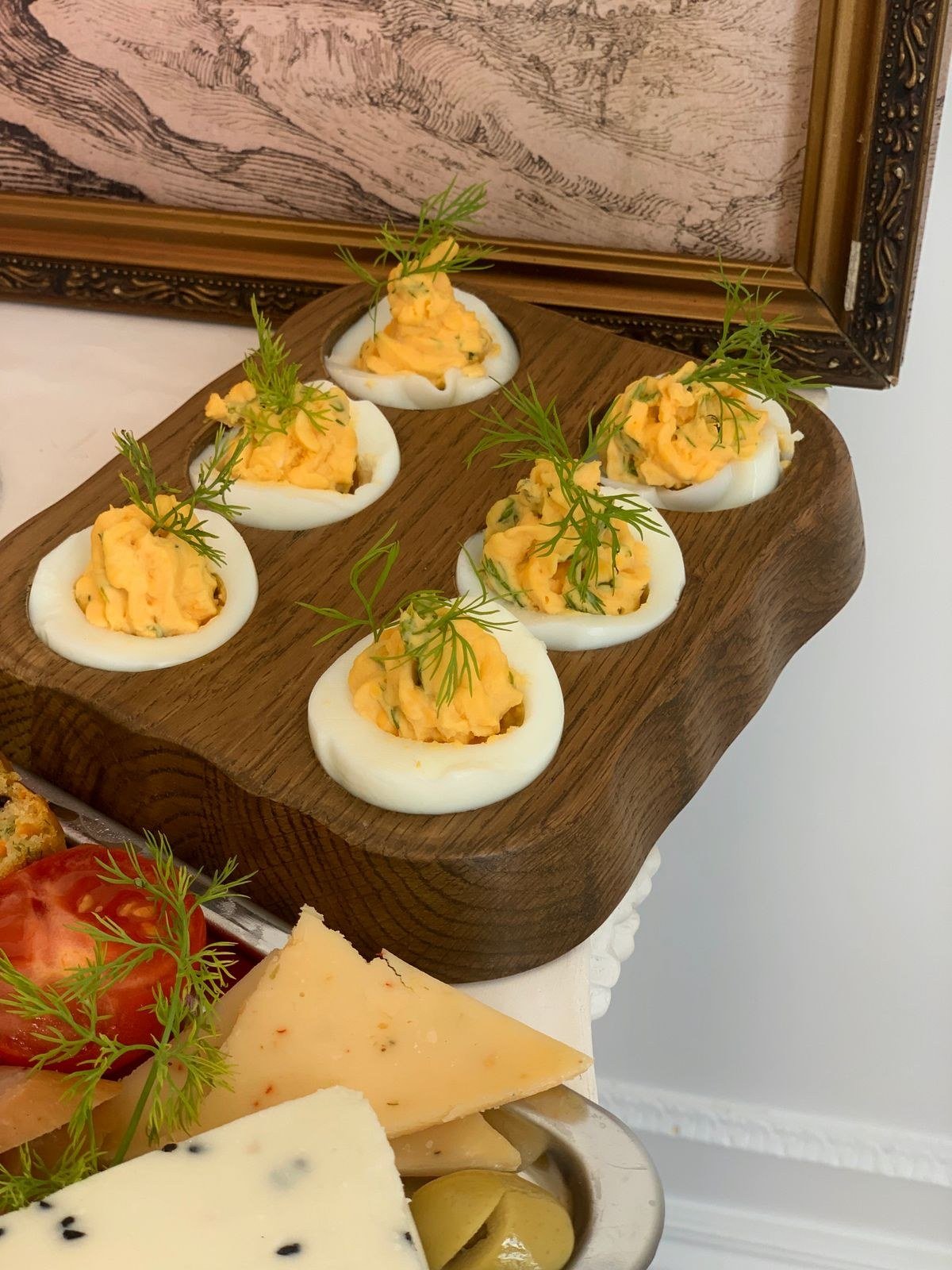 Olive eyeballs on monster deviled eggs