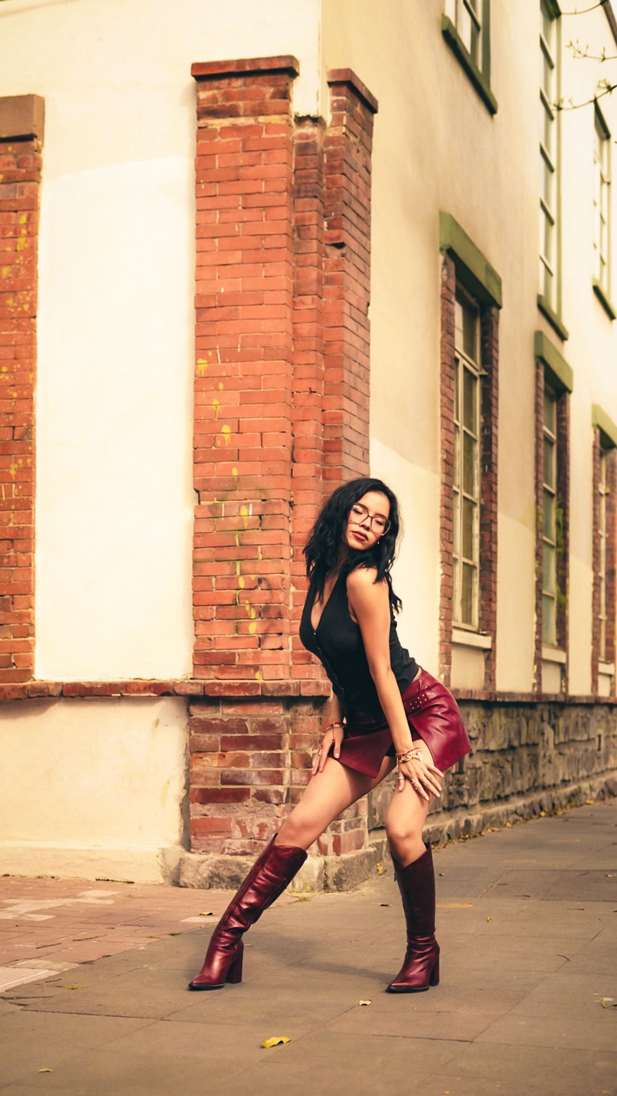 burgundy knee high boots with oversized blazer dress