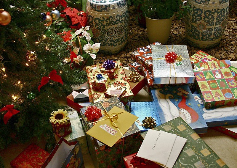 Pile of wrapped Christmas gifts