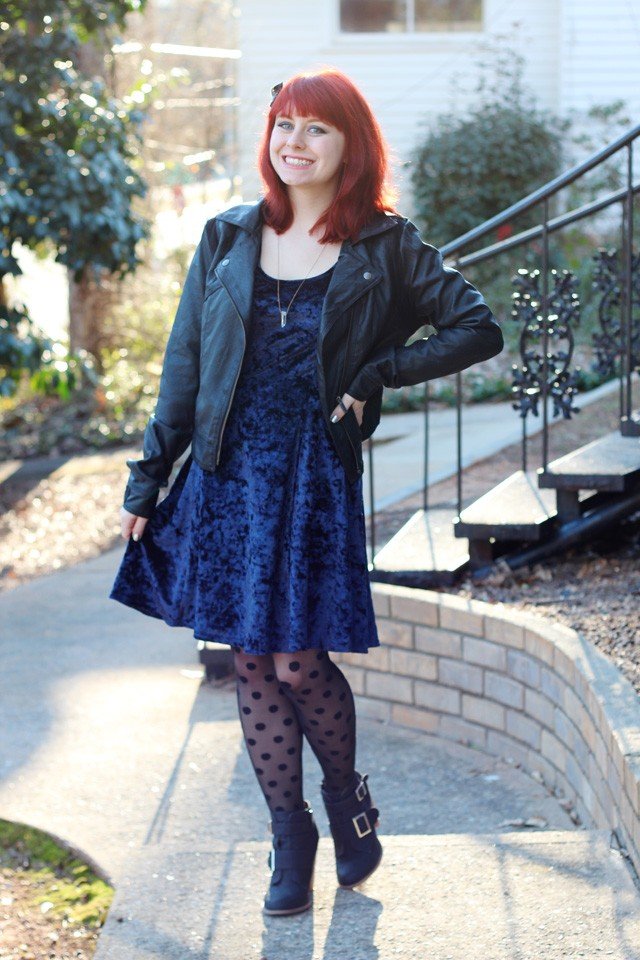 polka dot tights with black mini dress and ankle boots