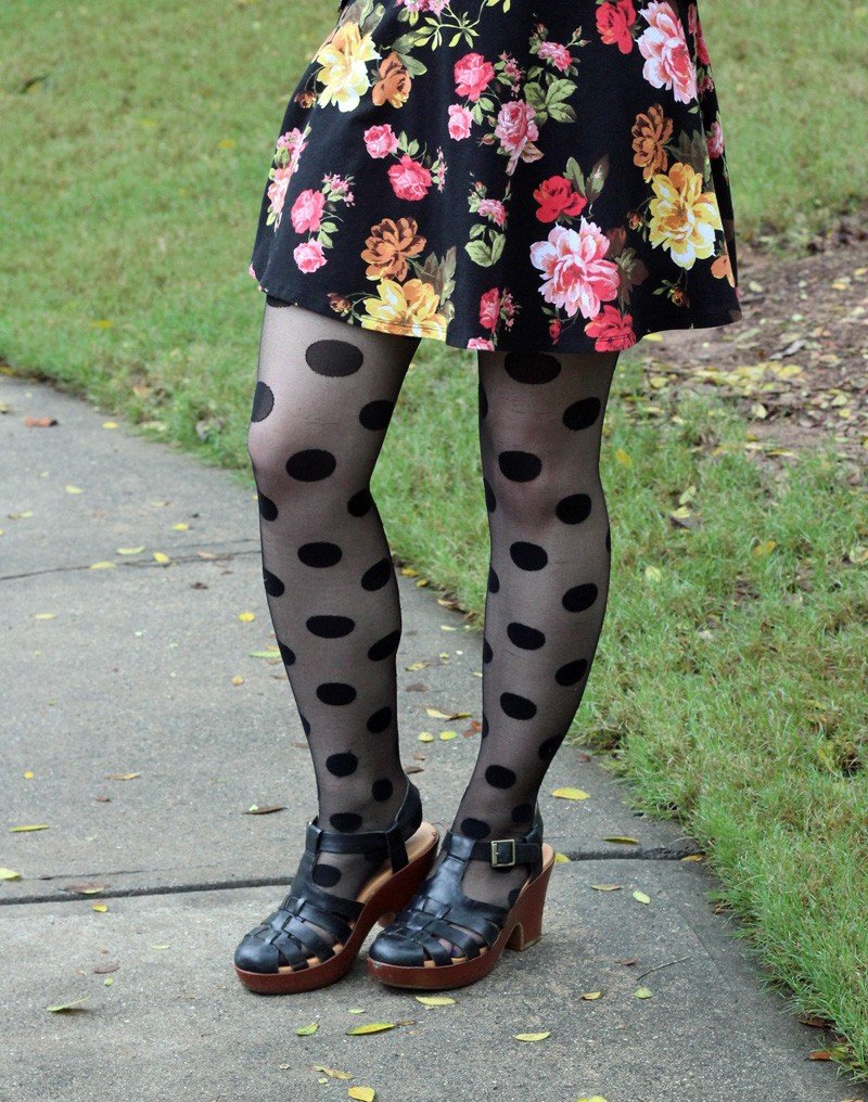 polka dot tights with classic Mary Jane shoes