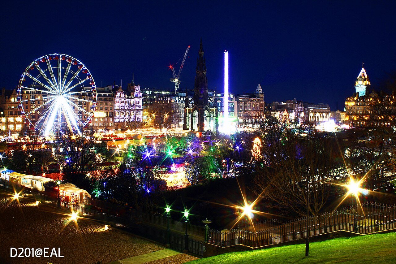 Festive Christmas market with food stalls in winter