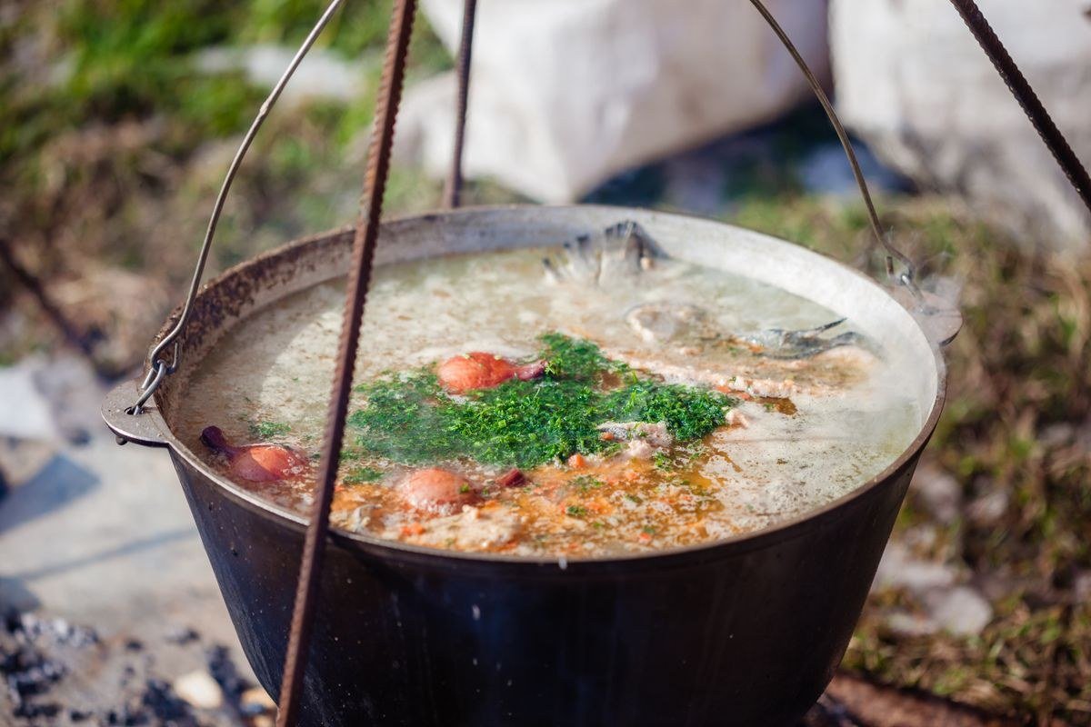 Finished golumpki soup with sour cream and dill ready to serve