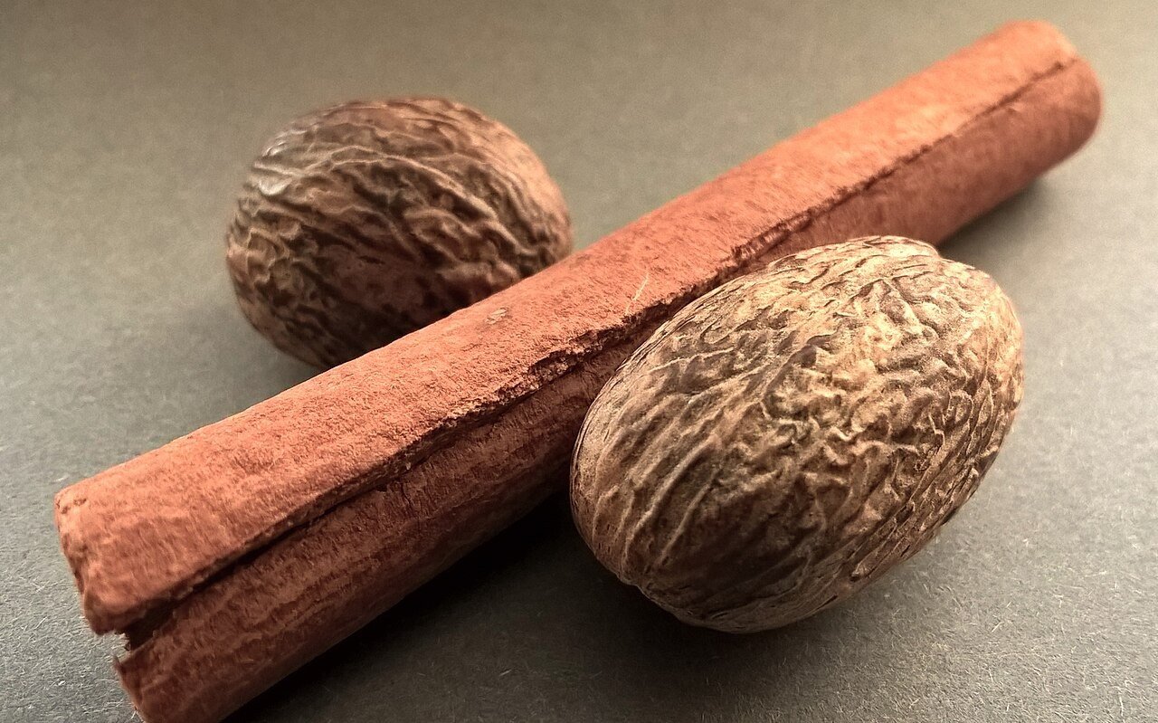 Cinnamon stick with whole nutmegs