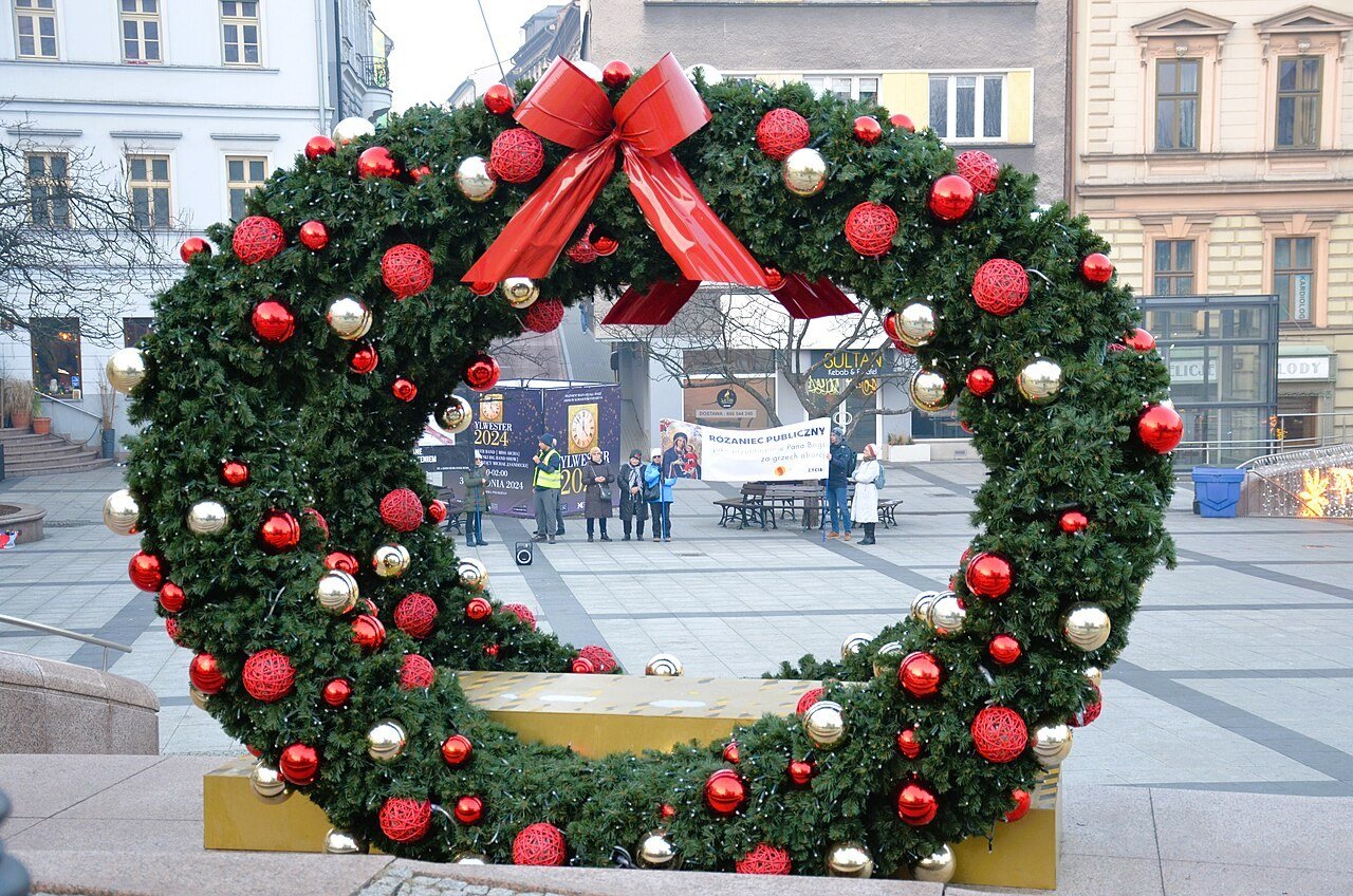 Traditional Christmas wreaths ready for hanging