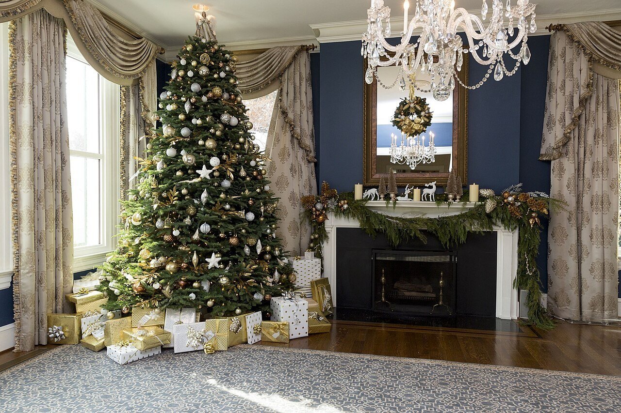 Classic Christmas decorations in a grand dining interior