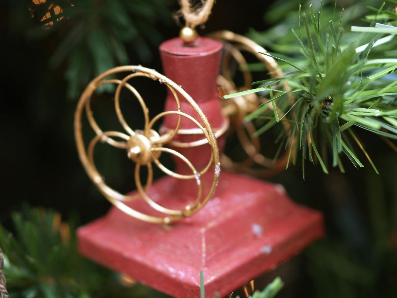 Red and gold Christmas tree decoration in close-up