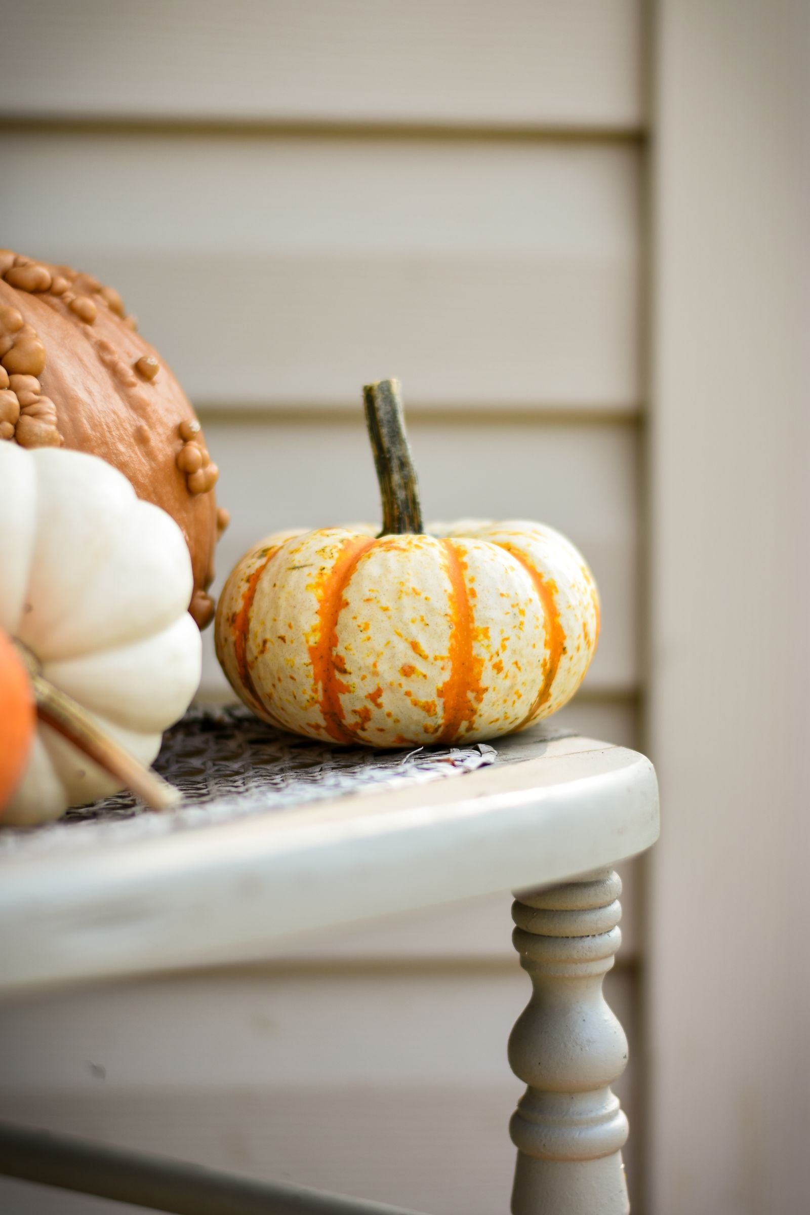 Vibrant gourds displayed on a cream wooden farmhouse table