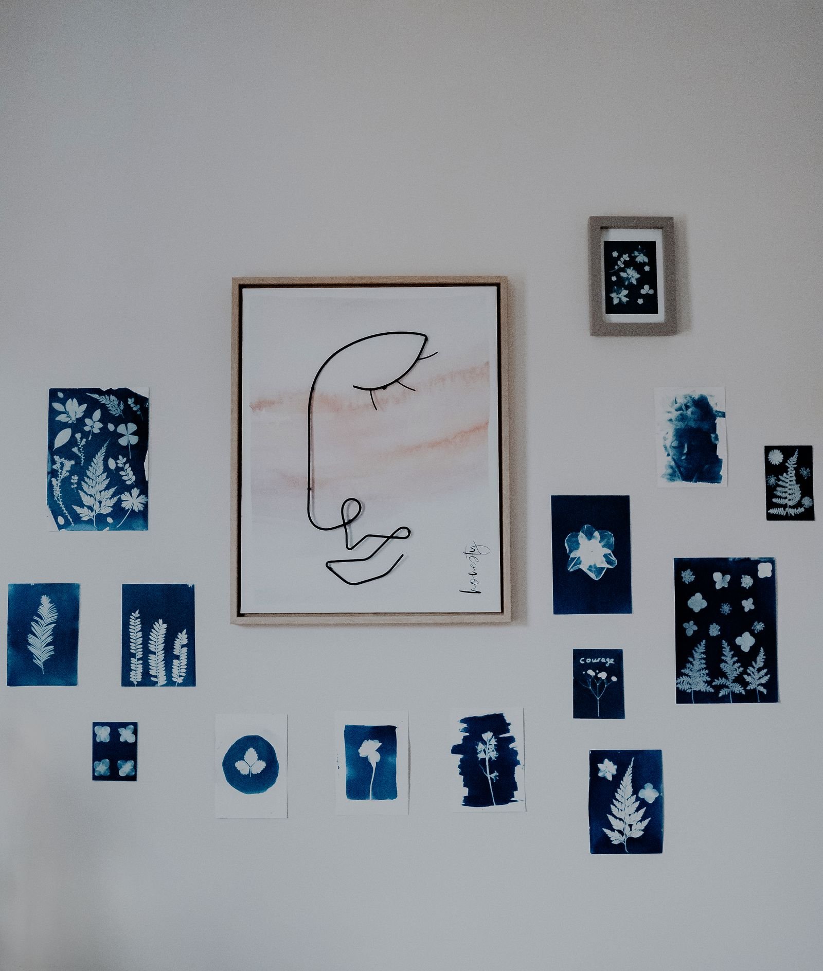 Cyanotype botanical prints displayed with abstract line art